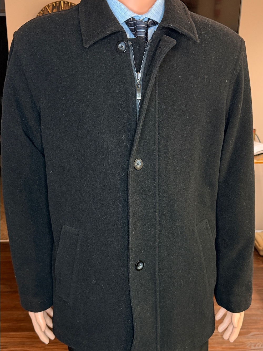 Men's Black Wool Blend Dress Coat - Classic Overcoat - CHAPS - Medium
